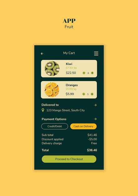 Desenho de modelo de aplicativo de compras de frutas