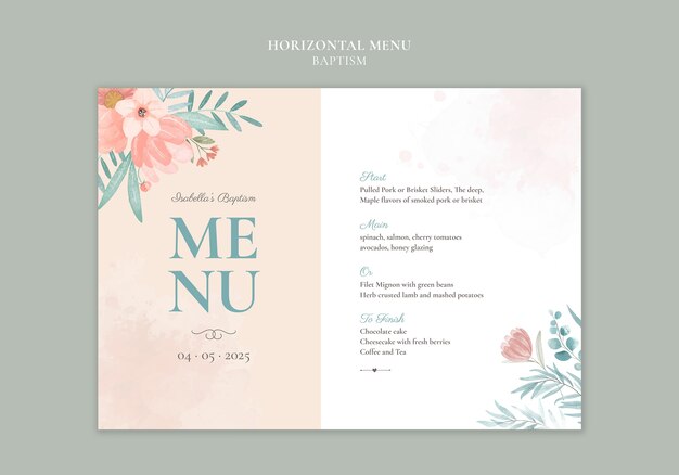 Desenho de modelo de menu de batismo