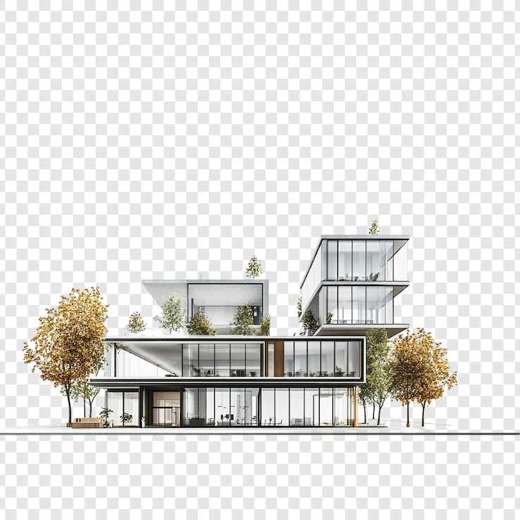 PSD grátis design arquitetônico moderno um edifício de vários andares com fachadas de vidro e árvores de outono