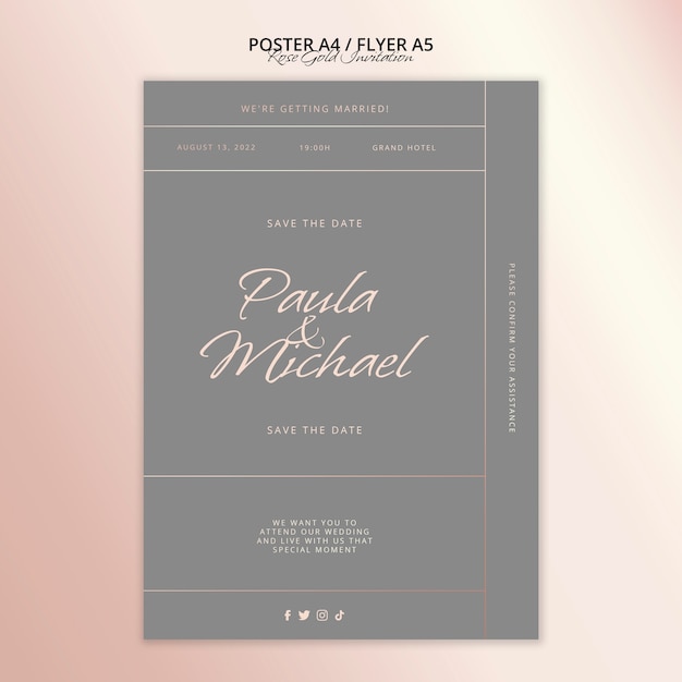 Design de cartaz de convite de ouro rosa minimalista