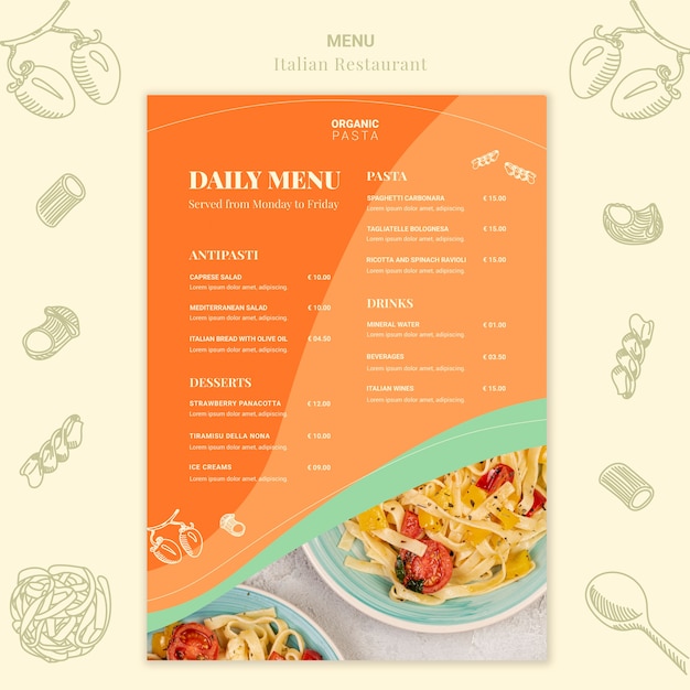Design de menu de restaurante italiano
