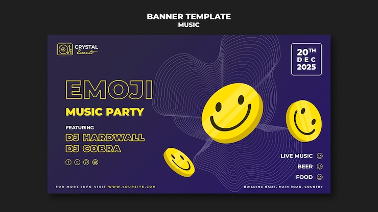 PSD grátis design de modelo de banner para festa de música emoji