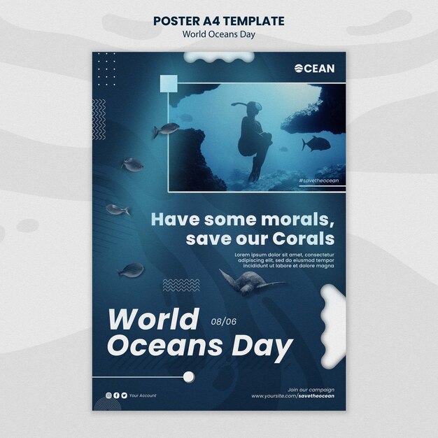 Design de modelo de cartaz do dia mundial do oceano