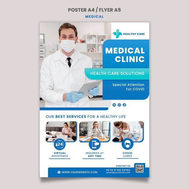 Design de modelo de folheto e pôster de assistência médica