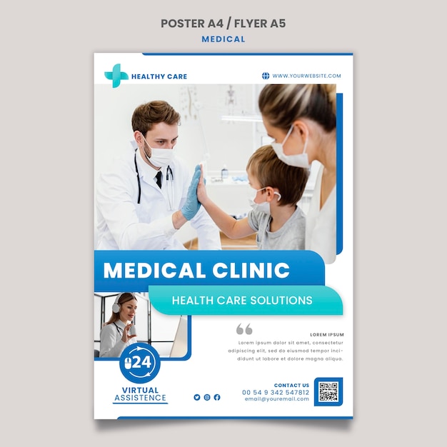 Design de modelo de folheto e pôster de assistência médica