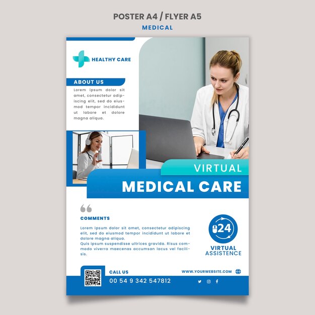 Design de modelo de folheto e pôster de assistência médica