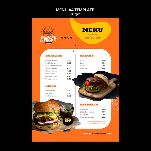 Design de modelo de menu de hambúrguer