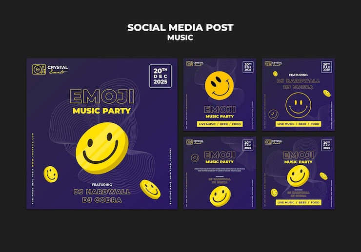 PSD grátis design de modelo de postagem de mídia social para festa emoji musical
