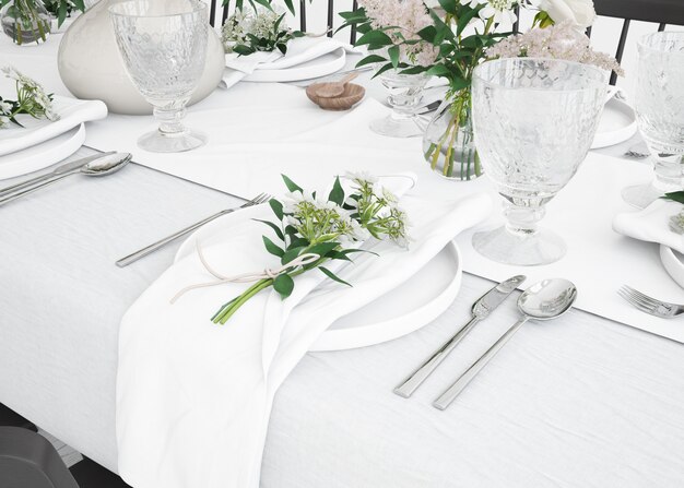 detalhe de uma mesa preparada para comer com talheres e decoração