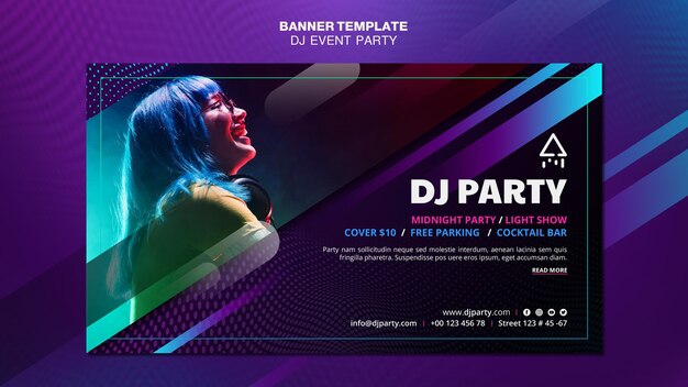 DJ festa mulher com banner de fones de ouvido