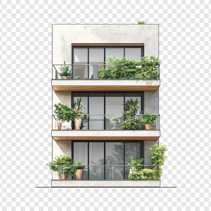PSD grátis edifício de apartamentos moderno com varandas exuberantes