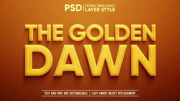 Efeito de texto de objeto inteligente em estilo de camada editável em 3d amarelo golden dawn and dusk