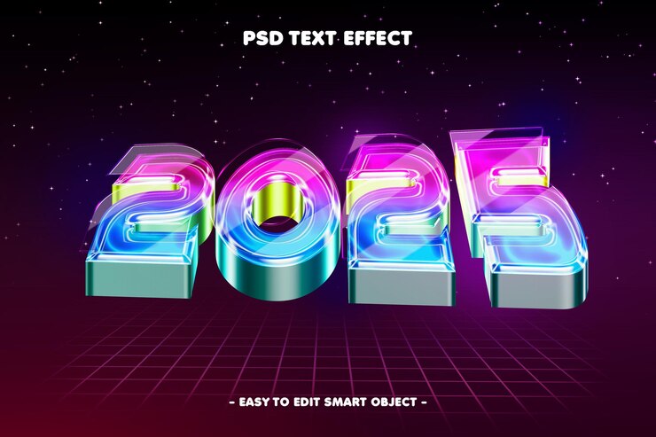 PSD grátis efeito de texto editável para o ano novo 2025 com brilho colorido
