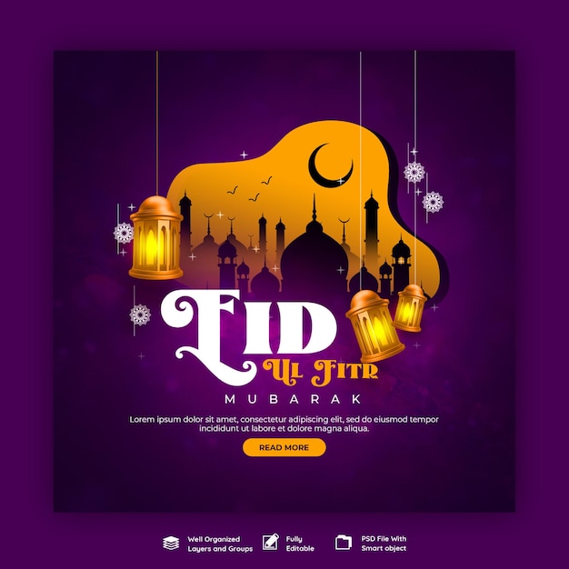 PSD grátis eid mubarak e eid ul fitr banner de mídia social modelo de postagem do instagram