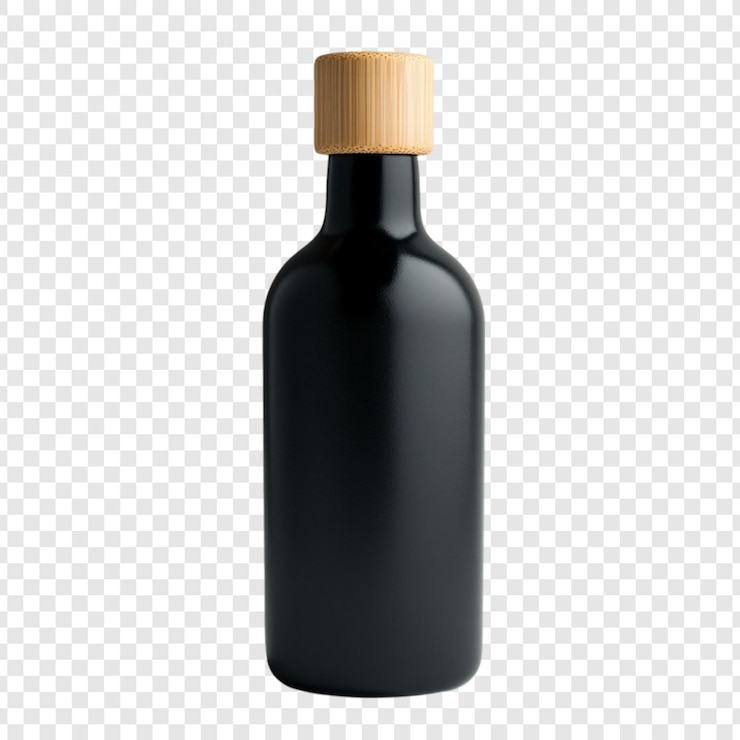 PSD grátis elegante garrafa de vidro preto com tampa de bambu
