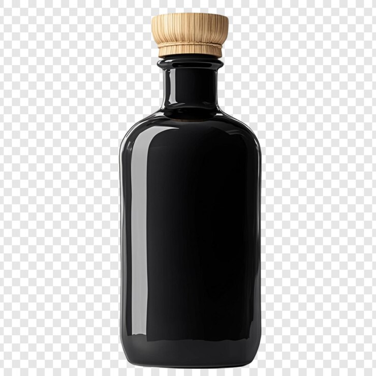 PSD grátis elegante garrafa de vidro preto com tampa de madeira
