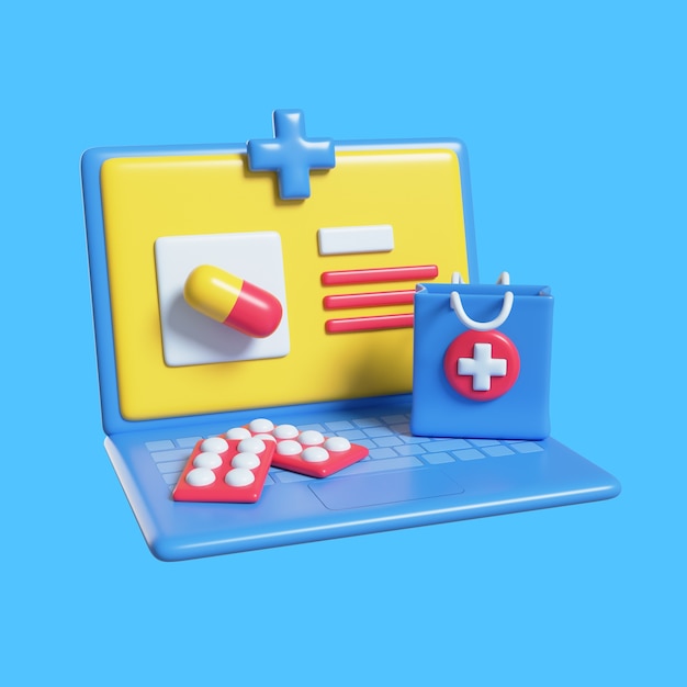 PSD grátis elementos médicos 3d com um computador e medicamentos