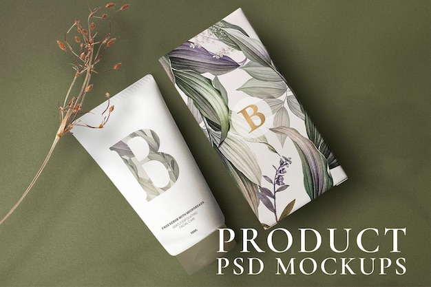 PSD grátis embalagem de produtos de beleza psd de maquete de tubo floral para cuidados com a pele