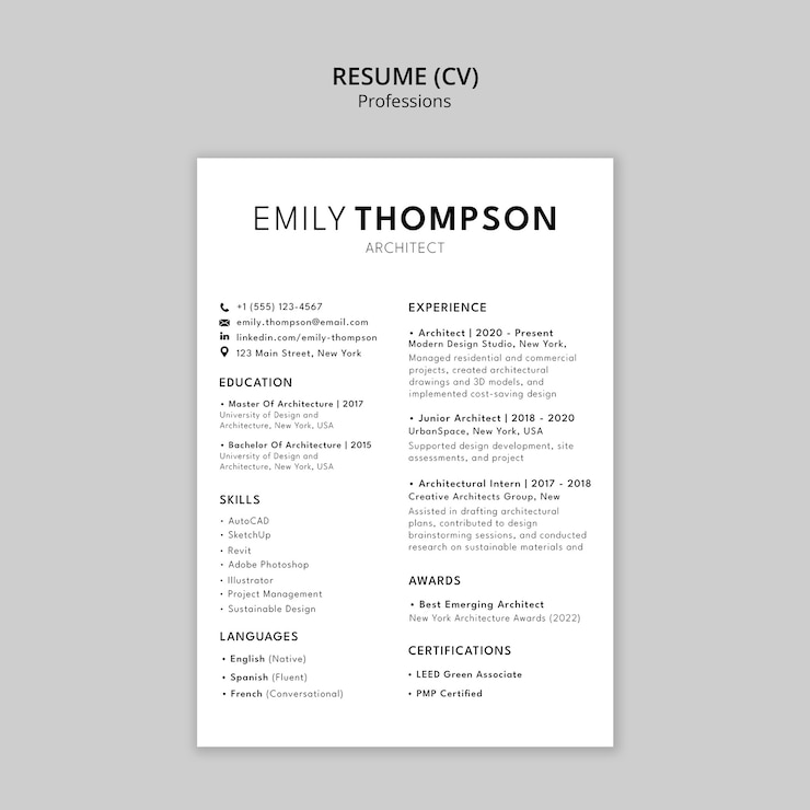 PSD grátis emily thompson: currículo de arquiteto (cv)
