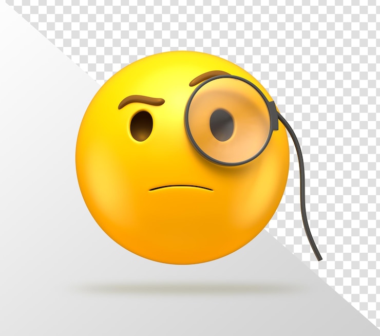 PSD grátis emoji amarelo suspeito com um monóculo à procura de respostas em renderização 3d com fundo transparente