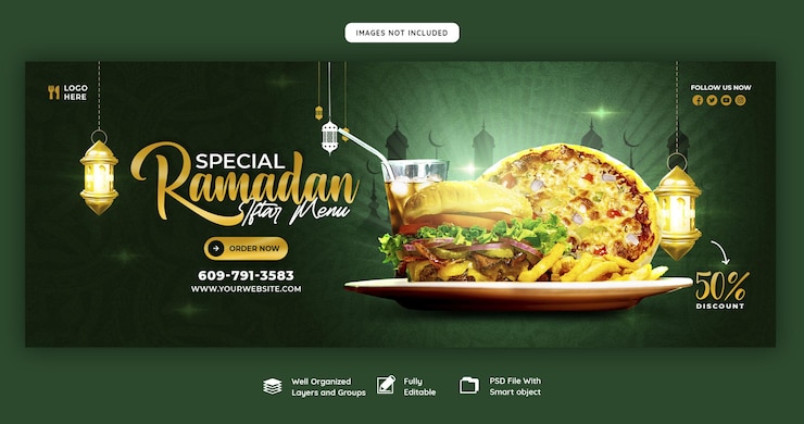 PSD grátis especial ramadan kareem comida e menu iftar modelo de banner de capa do facebook