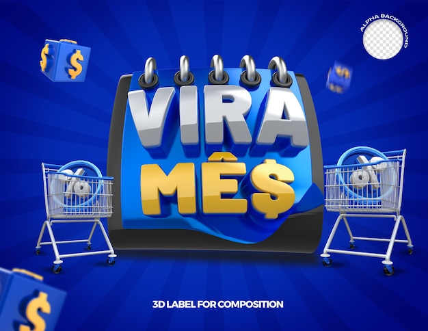Etiqueta 3d virada do mês no brasil render calendário 3d e carrinho de compras em português
