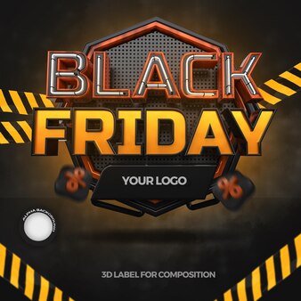 Etiqueta do logotipo 3d black friday com luz de néon e grade para composição geral