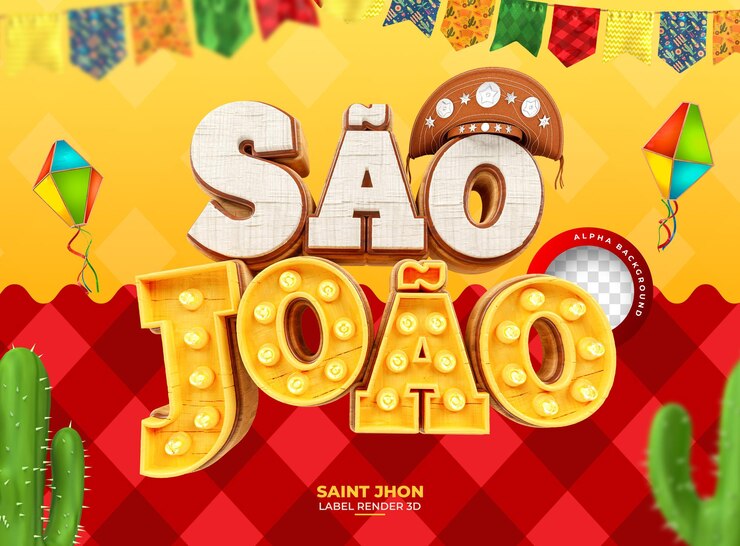 Etiqueta Saint Jhon Sao Joao em português brasileiro Logo do Festival em 3D