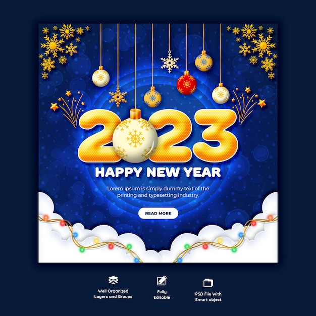 Feliz ano novo 2023 e banner de mídia social de natal ou modelo de postagem do instagram