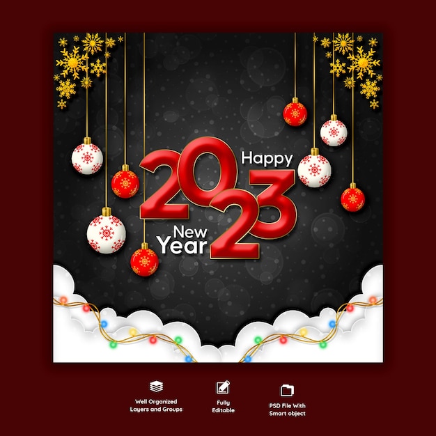 Feliz ano novo 2023 e banner de mídia social de natal ou modelo de postagem do instagram