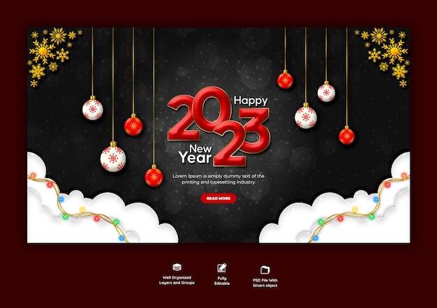 PSD grátis feliz ano novo 2023 e modelo de banner da web feliz natal