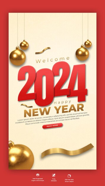 Feliz Ano Novo 2024 celebração Instagram e Facebook história post design ou modelo de banner