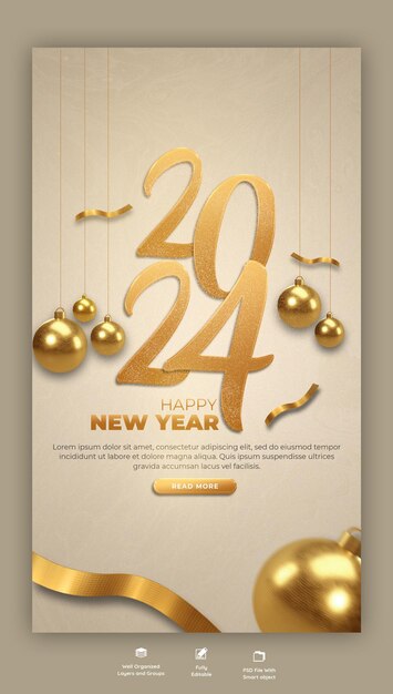 Feliz Ano Novo 2024 celebração Instagram e Facebook história post design ou modelo de banner