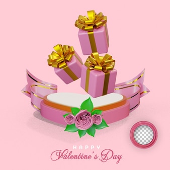 Feliz dia dos namorados com caixas de presente de pódio de coração 3d e rosa