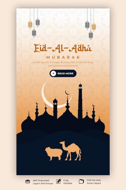 PSD grátis festival islâmico de eid al adha mubarak modelo de história do instagram e facebook