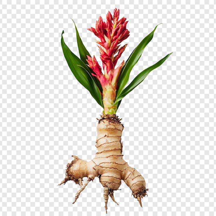 PSD grátis flor de gengibre vermelho vibrante com rizomas