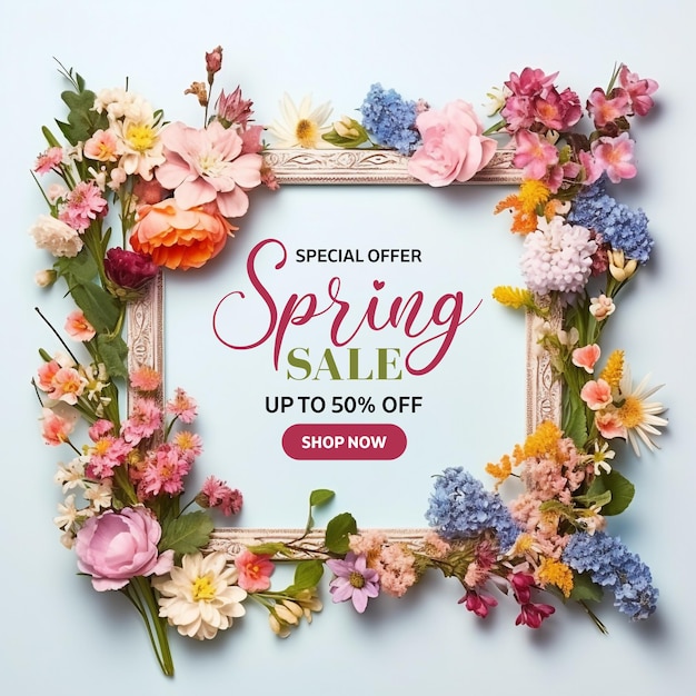 Flores coloridas venda de primavera banner de desconto ou modelo de postagem de mídia social