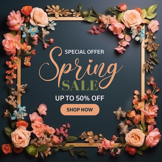 Flores coloridas venda de primavera banner de desconto ou modelo de postagem de mídia social