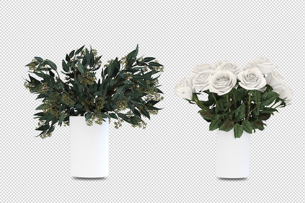 Flores em vaso em renderização 3d isoladas