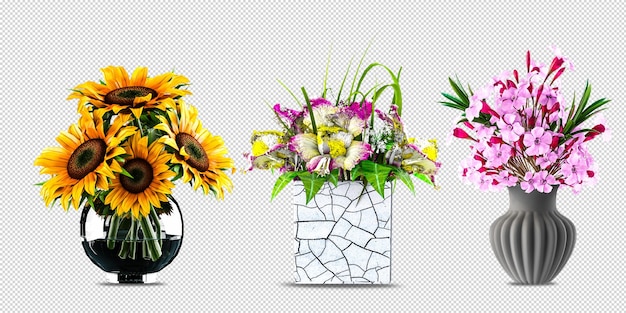 Flores em vaso em renderização 3d isoladas
