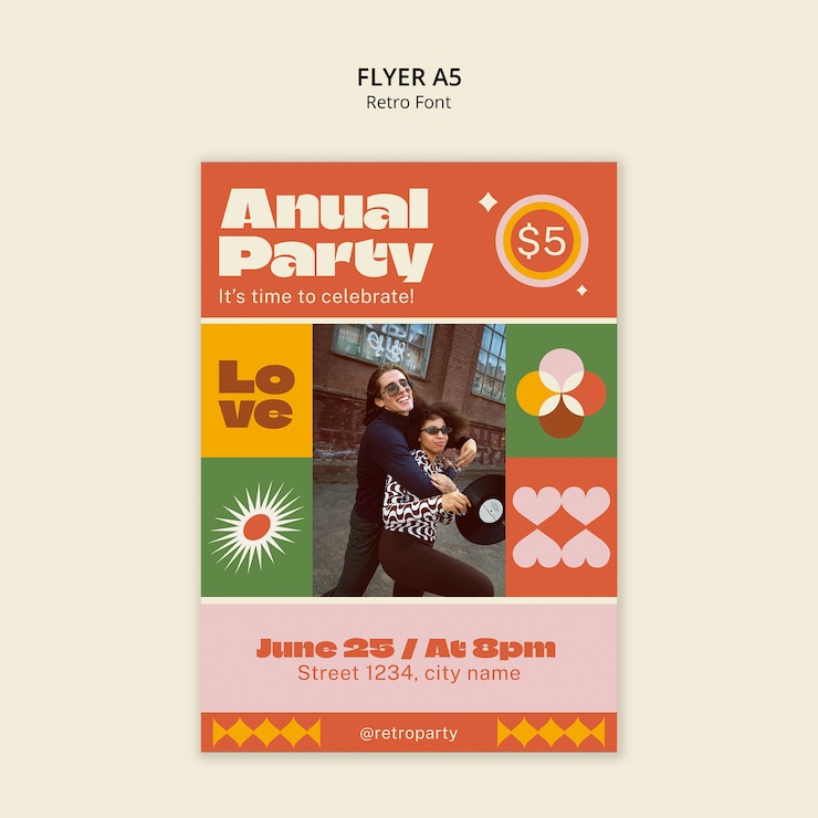 PSD grátis flyer anual da festa dos anos 70