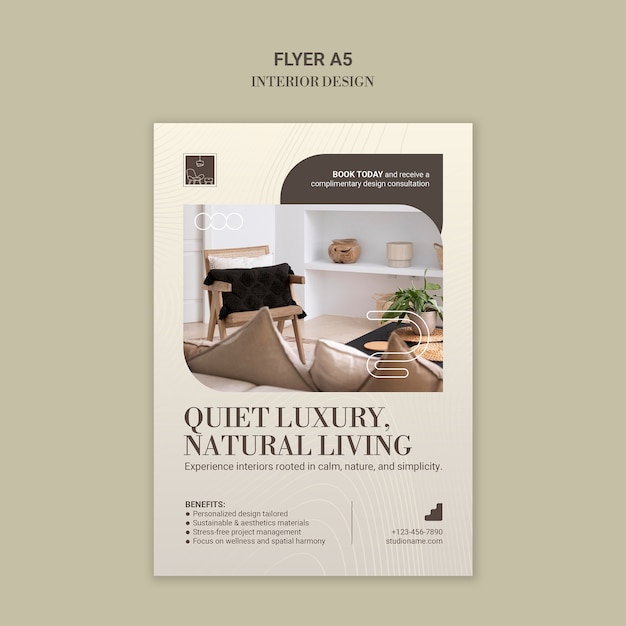 Flyer de design de interiores elegante para espaços de vida de luxo
