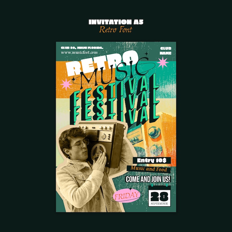 PSD grátis flyer de um festival de música retro