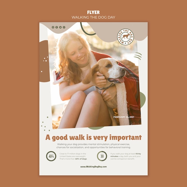 Folheto de modelo de dia para passear com o cachorro
