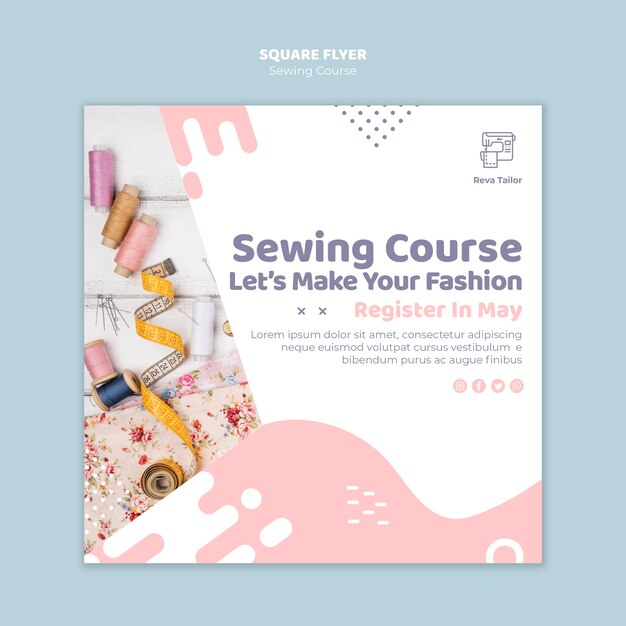 Folheto quadrado de costura de curso on-line