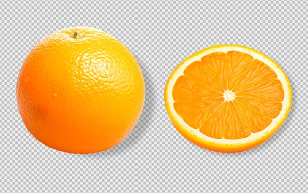 Foto de uma laranja inteira e dividida ao meio isolada em um fundo transparente