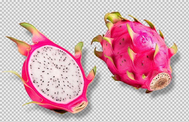 PSD grátis foto de uma pitaya inteira e uma pitaya dividida ao meio isolada em um fundo transparente