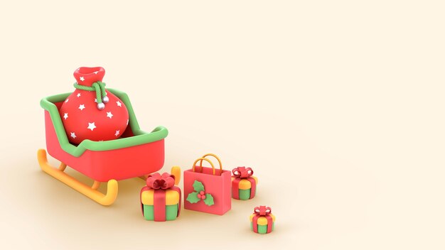 Fundo 3D de Natal com bolsa de presentes no trenó do Papai Noel