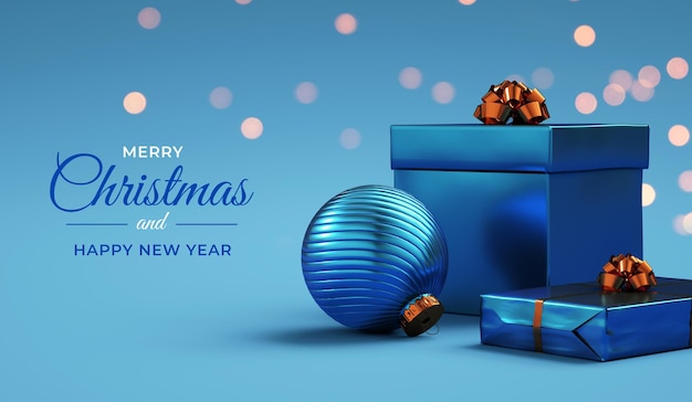 Fundo azul do feliz natal com presentes, luzes e texto em renderização 3d