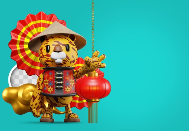Fundo de ano novo chinês do tigre com decorações. Ilustração 3D